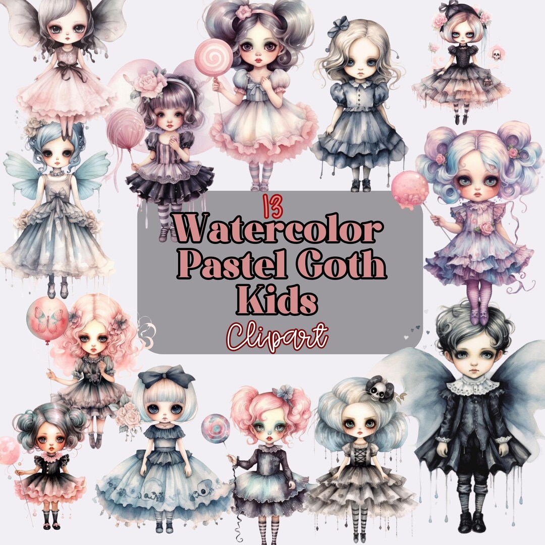 13 Watercolor Pastel Goth Chibi Kids PNG Clipart Set, Halloween PNG ...
