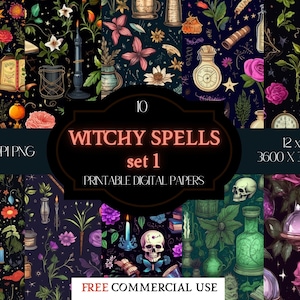 May include: A set of 10 digital papers featuring a witchy theme. The papers are 12 inches by 12 inches and 3600 pixels by 3600 pixels. The papers feature a variety of witchy elements, including skulls, potions, candles, flowers, and stars. The papers are perfect for creating invitations, cards, scrapbook pages, and other craft projects.