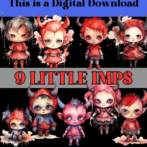 9 Little Imps Akwarela PNG Clip Art, Halloween PNG, Sublimacja Diabła, Clipart Imp, Upiorny Cyfrowy Pobieranie, Bezpłatne Użytkowanie Komercyjne
