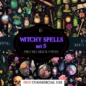 10 Witchy Spells Set 5 Digital Papers/Wiccan Digital Download/Mage Skull Potions Candles Prints/Rose Illustrations/Free Commercial Use