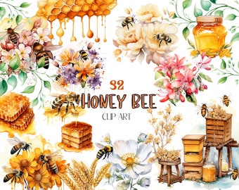 32 Set 2 Watercolor Honey Bee Clipart/Digital Download/Bees illustration Art/Nature Sublimation/Spring Honey Clip Art/Free Commercial Use