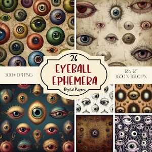 26 Eyeball Macabre Vintage Digital Papers, Witchy Digital Download, Halloween Printable Papers, Ephemera Prints, Free Commercial Use