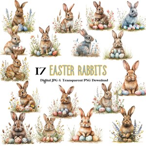 17 aquarel Paaskonijnen PNG Clipart Spring Bunny png, Pasen PNG, Bunny Sublimatie, Konijntjes Bloemen png, Aquarel Png
