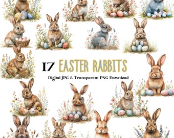 17 Watercolor Easter Rabbits PNG Clipart Spring Bunny png, Easter PNG, Bunny Sublimation, Bunnies Flowers png, Watercolour Png