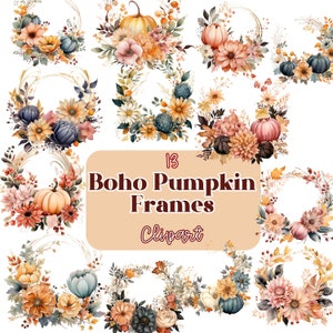 13 Pastel Boho Floral Pumpkin Frame Clip Art Images, Autumn Journal, Jack O Lantern Digital Download, Fall  Sublimation, Free Commercial Use