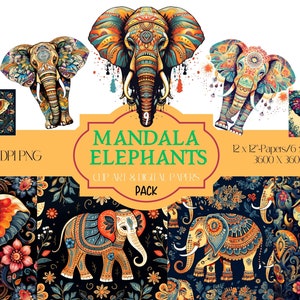 Paquete de 9 Mandala Tribal Elephant Clip Art PNG & Digital Papers Prints/Sublimación animal/Descarga digital de elefante/Uso comercial gratuito