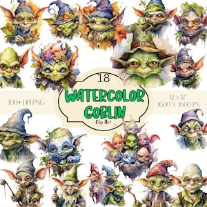 May include: A set of 18 watercolor goblin illustrations, perfect for digital scrapbooking, card making, and other creative projects. The goblins are depicted in various poses and expressions, with a variety of colors and details. The illustrations are 300+ DPI and 12 x 12 inches, 3600 x 3600 pixels.