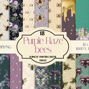 18 Purple Haze Bees Digital Seamless Papers/Digital Download/Instant Printable Honey Bee Floral Illustration/Free Commercial Use