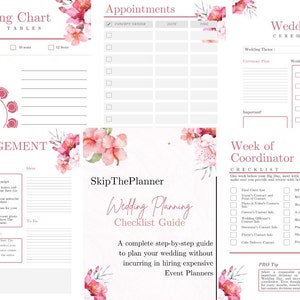May include: A printable wedding planning checklist guide with floral illustrations. The checklist includes sections for seating charts, appointments, wedding ceremony, week of coordinator, and engagement.