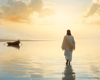 Yahushua Yeshua Jesus Caminhando sobre as Águas em um Barco | Arte Cristã para Parede | Impressão Digital de Fé | Arte com Escrituras | Download Instantâneo | Assistido por IA