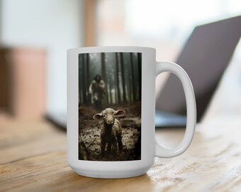 Jesus and Lamb White Ceramic No Words Mug, 15oz, Jesus and Lamb Mug, Christian Gift, Coffee Cup, b2g