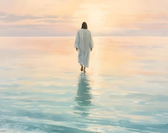 Impressão em aquarela de Yahushua Yeshua Jesus caminhando sobre as águas | Arte cristã para parede | Decoração de fé para casa | Arte bíblica | Download instantâneo | Assistido por IA