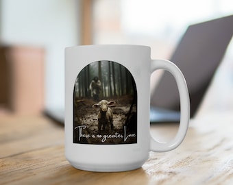 Jesus and Lamb White Ceramic Mug, No Greater Love Mug, 15oz, Jesus and Lamb Mug, Christian Gift, Coffee Cup, b2g