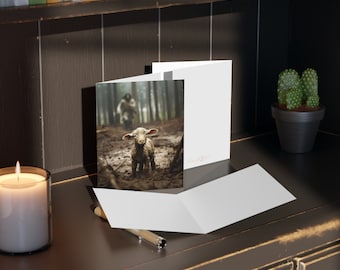 May include: A greeting card with a photo of a white lamb standing in a muddy forest path. The lamb is looking directly at the camera. The card is folded in half and has a blank inside.