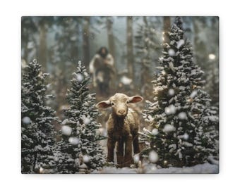 Jesus and Lamb Horizontal Snowy Trees, Faith Canvas Prints, Jesus Canvas Art, Yahushua Canvas Art, Jesus and Lamb Art, b2g, Ammie Peters