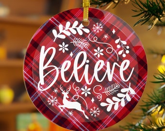 Red Plaid "Believe" Ornament, Believe, Faith Ornament, Jesus Ornament, Christmas Gift, Christian Gift, b2g, SDD