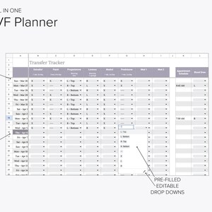 May include: A printable IVF planner with a calendar, a transfer tracker, and appointment schedule. The calendar is filled with dates from March 27th to April 14th. The transfer tracker includes columns for estradiol, patch, progesterone, and more. The appointment schedule includes columns for appointment schedule and blood draw.