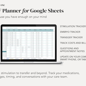 May include: A laptop computer displaying a Google Sheet spreadsheet with the title "Stimulation Tracker". The spreadsheet is a planner for IVF treatment, with columns for dates, medications, dosages, and other relevant information. The text "IVF Planner for Google Sheets" is displayed above the laptop, along with the tagline "Because you have enough on your mind".