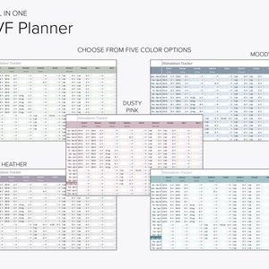 May include: Five different colour options for an IVF planner. The planner is a printable document with a stimulation tracker. The colours are sage, purple heather, dusty pink, moody blue, and teal.
