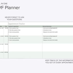 May include: A printable IVF appointment tracker with a checklist of questions to ask the doctor and a section for notes and action items. The tracker includes dates and times for appointments. The text "NEVER FORGET TO ASK YOUR QUESTIONS." is at the top of the page. The text "KEEP TRACK OF THE INFORMATION YOU GET AT EVERY APPOINTMENT." is at the bottom of the page.
