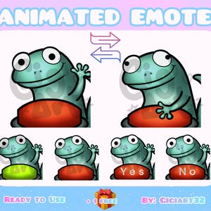 Puede incluir: Conjunto de emoticonos animados con una rana de dibujos animados con cuerpo turquesa y ojos grandes. La rana está sentada sobre un cojín rojo, con variaciones que incluyen saludar y burbujas de texto con "Yes" y "No". El texto "ANIMATED EMOTE" está en la parte superior.