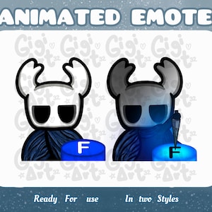 Puede incluir: Emote animado con dos personajes estilizados con ojos grandes y una capa. Uno es blanco, el otro gris, ambos sosteniendo un botón azul con la letra "F". El texto dice "ANIMATED EMOTE" y "Ready For use In two Styles".