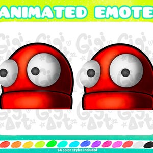 May include: Digital graphic of an animated emote, showing two red cartoon characters with large white eyes and black pupils. The image includes the text "ANIMATED EMOTE" and a colour palette. The background is a green to yellow gradient.