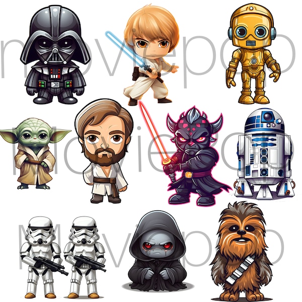 Pack of 10 cute Star Wars clipart in Pop figure style, adorable illustrations, cute clipart, Star Wars fan art, R2-D2, C-3PO, baby