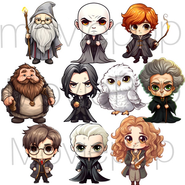 Pack of 10 cute wizarding school cliparts in Pop figurine style, adorable illustrations, cute cliparts, fan art