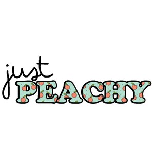 May include: Peach-patterned text that reads "PEACHY" in a light blue color with a white outline.