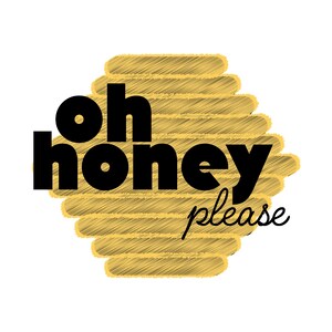 Może przedstawiać: Żółta grafika plastra miodu z tekstem "oh honey please" w kolorze czarnym.