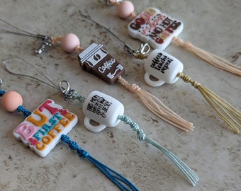 Coffee Cell Phone Charms for Her, Macrame Phone Charm for Mom, Teacher Coffee Gift Ideas, Cell Phone Accessories for Her, Birthday gift idea