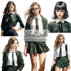 Uniform School Girl Watercolor Clipart Bundle, transparent PNG, Cute Girls Clipart,Student Sublimation,Paper craft,Junk Journal Scrapbooking