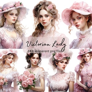Victorian Lady Pink Rose Watercolor Clipart Bundle, PNG trasparente, Download digitale, Card Making Scrapbook Junk Journal Uso commerciale