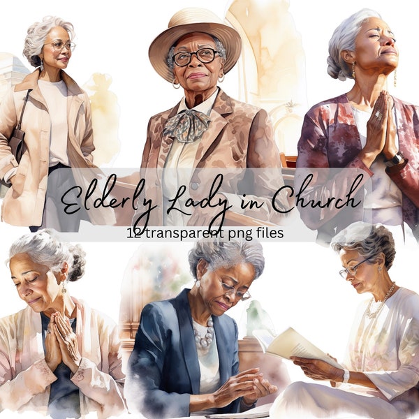 Elderly Church Lady Watercolor Clipart Bundle, Transparent PNG, Digital Download,Card Making,Junk Journal People Illustration,Commercial Use
