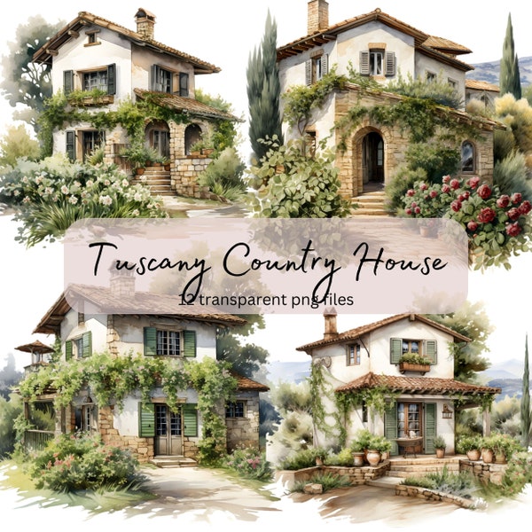 Toskana Landhaus Aquarell Clipart Bundle, transparente PNG Landschaft Kartenherstellung, sofortiger Download, Scrapbook Junk Journal, kommerzielle Nutzung