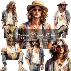 Hippie Men Aquarelle Clipart Bundle, PNG transparent, Téléchargement numérique, Fabrication de cartes de mode, Illustration clipart modèle, Utilisation commerciale