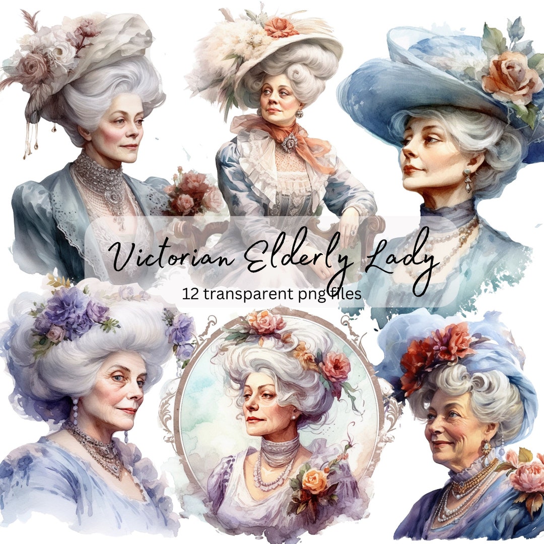 Victorian Elderly Lady Vintage Watercolor Clipart Bundle, Transparent ...