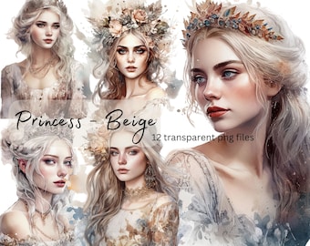 Prinzessin Portrait Aquarell Clipart, transparentes PNG, Hübsche Mädchen Clipart, Fantasy Illustration, Papierhandwerk, Junk Journal Scrapbooking