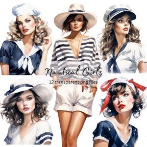Nautical Fashion Girl Watercolor Clipart Bundle, PNG trasparente, Download digitale, Card Making Woman, Fashio Illustration, Uso commerciale