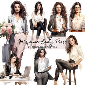 Hispanic Lady Boss Aquarelle Clipart Bundle, PNG transparent, Téléchargement numérique, Fabrication de cartes de mode de bureau, Illustration de modèle, Utilisation commerciale