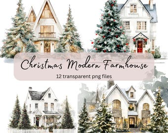 Christmas Modern Farmhouse Watercolor Clipart, Transparent PNG, Holiday Cute House,Instant Download, Card Making,Junk Journal,Commercial Use