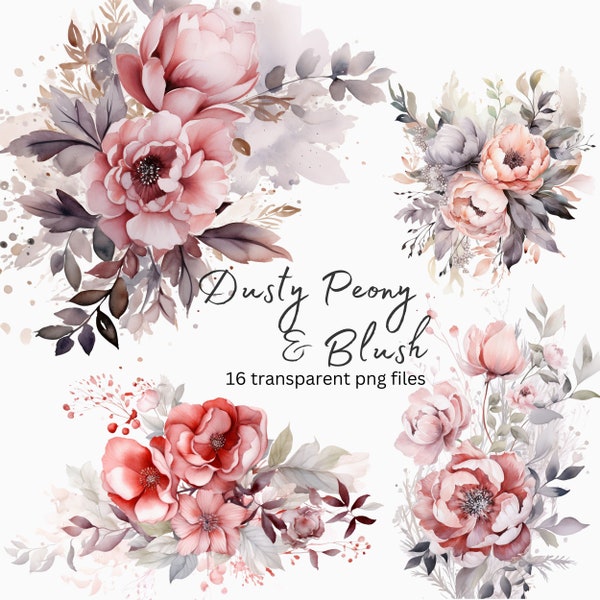 Dusty Peony Blush Floral Watercolor Clipart, Transparent PNG, Digital Download Card Making, Wedding Flowers Frame Border, commercial Use