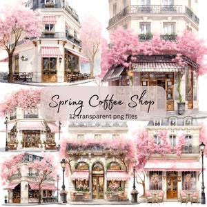 Pacchetto clipart acquerello Spring Coffee Shop Café, PNG trasparente, download istantaneo, album di ritagli, creazione di biglietti, diario spazzatura, uso commerciale