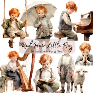 Rood haar kleine jongens aquarel clipart, transparante PNG, digitale download, kaart maken, schattige jongen clipart illustratie, commercieel gebruik