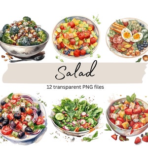 Summer Salad Watercolor Clipart Bundle, Transparent PNG, Digital Download, Watercolor Food Clipart, Card Making, Junk Journal,Commercial Use