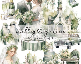 Green Wedding Day Clipart Bundle Watercolor, Transparent PNG, Bride Groom Clipart, Digital Download,Scrapbooking Junk Journal,Commercial Use