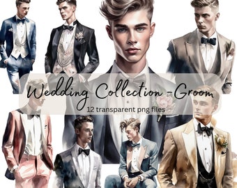 Groom Watercolor Clipart Bundle, Transparent PNG, Wedding clipart, Digital Download, Scrapbook Junk Journal, Fashion Clipart, Commercial Use