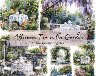 Tea time in Summer Flower Garden Watercolor Clipart, Transparent PNG, Cottage Life, Instant Download, Card Making, Scrapbook, Junk Journal,