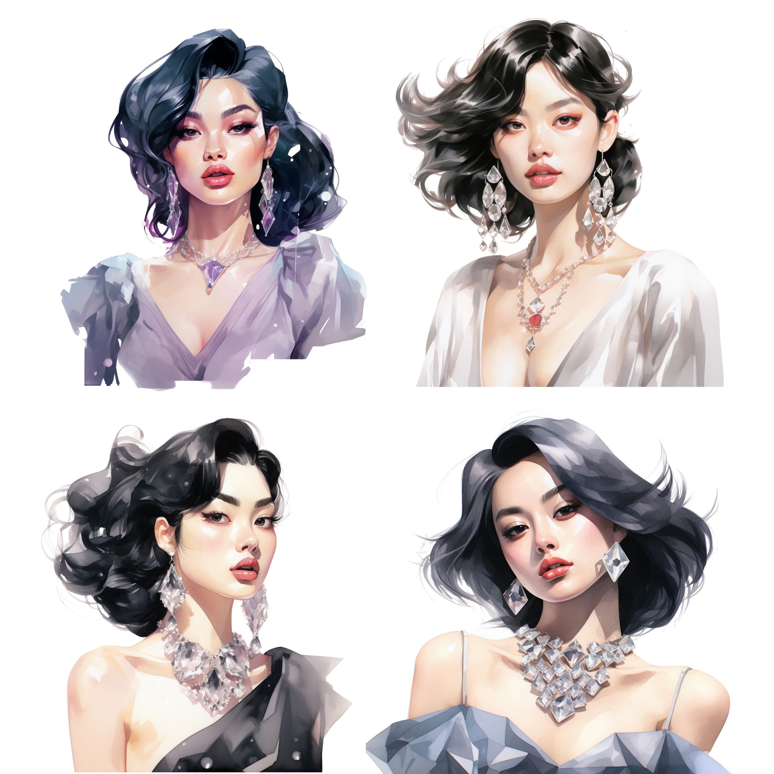 Asian Glam Girl Watercolor Clipart Bundle, Transparent PNG, Digital ...